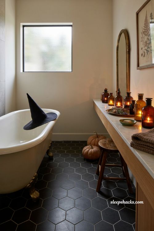 halloween bathroom decor ideas with witchy potion bottles and spooky details 