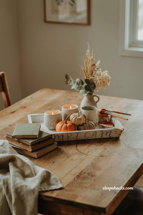 hand lettered fall tray with cozy pumpkin coffee table decor ideas