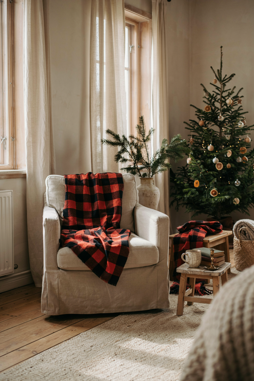 Buffalo plaid throw blanket Christmas decor for a cozy farmhouse living room
