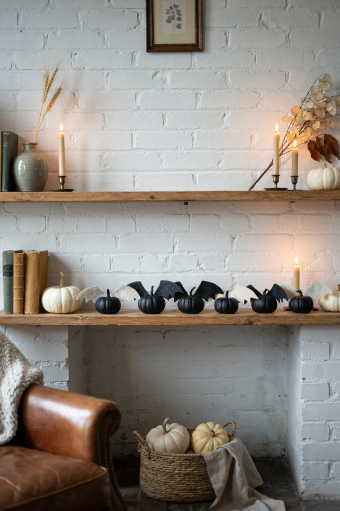 cute halloween decor with mini bat pumpkins on a cozy mantel