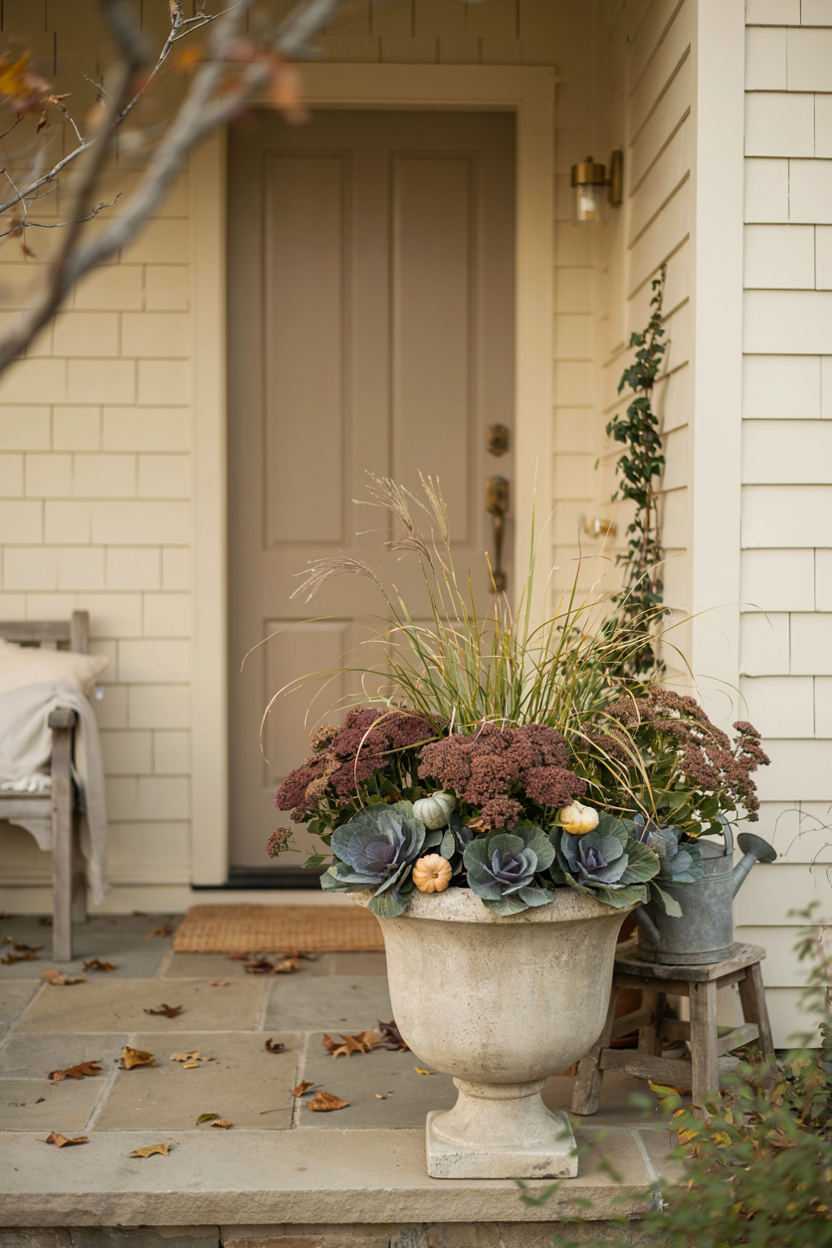 Muted fall flower pot with fountain grass burgundy sedum and cabbage