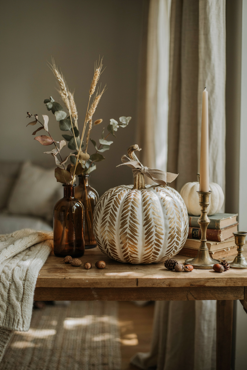 Cute pumpkin decorating ideas with elegant gold herringbone painted pumpkin for cozy fall decor