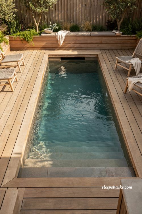 in deck plunge pool ideas for small backyard with seamless wood deck design and built in steps