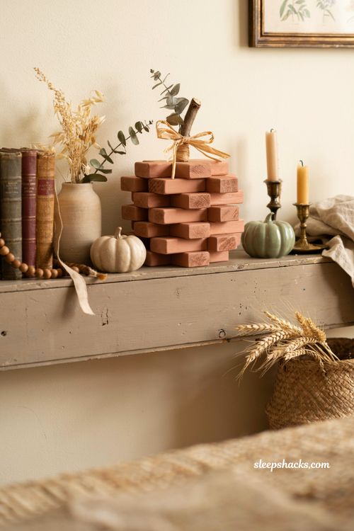 jenga block pumpkin diy for rustic dollar tree farmhouse fall decor