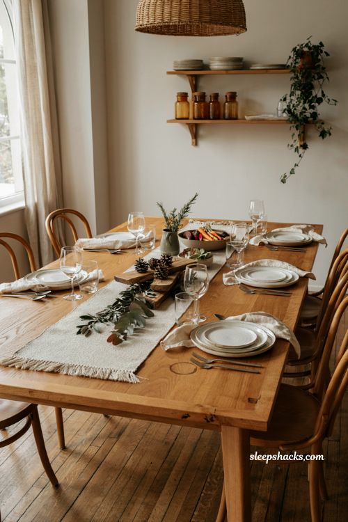 jute runner Thanksgiving table with wood slabs pinecones and modern rustic centerpiece
