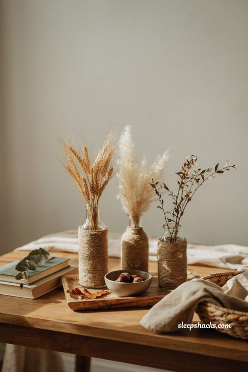 jute wrapped fall vases with dried wheat rustic home decor ideas