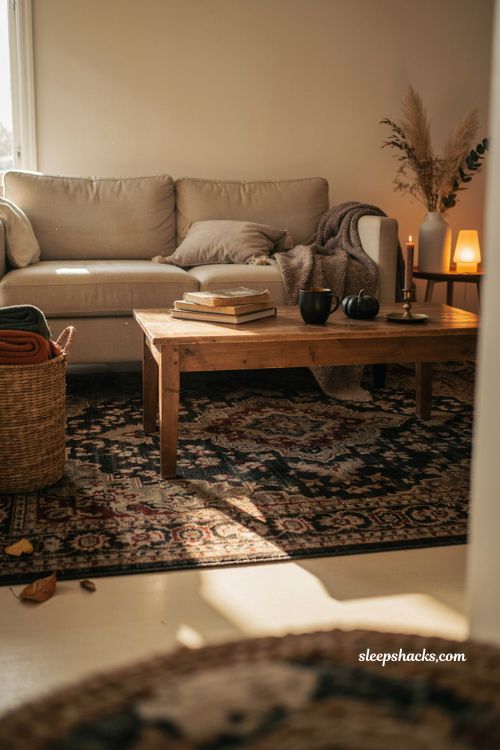 layered rug and chunky throw ideas for moody halloween apartment decor 