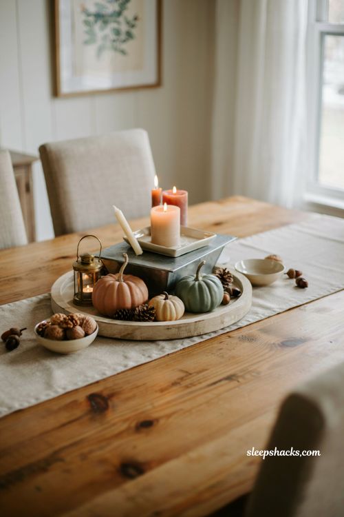 layered tray fall centerpiece ideas with candles pumpkins and rustic autumn table decor