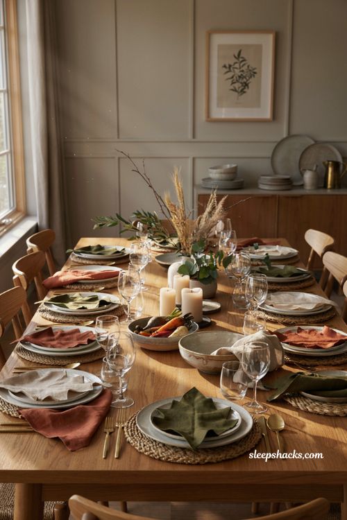 leaf shaped napkins in rust and olive on a simple modern Thanksgiving table