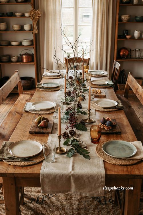 low autumn centerpiece ideas with pinecones and natural table decor for holiday dining
