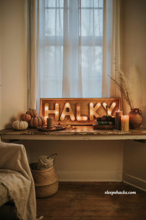 marquee style fall sign with cozy glowing autumn mantel decor ideas