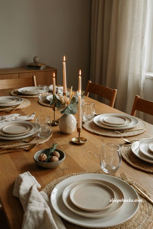 matte bowl and glossy dishes with glassware modern Thanksgiving table setting