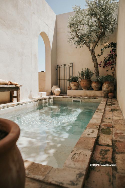 mediterranean small plunge pool ideas with white stucco walls olive trees and aged stone design