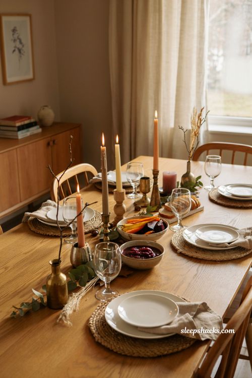 mixed metallic candlesticks with soft taper candles on a warm Thanksgiving table