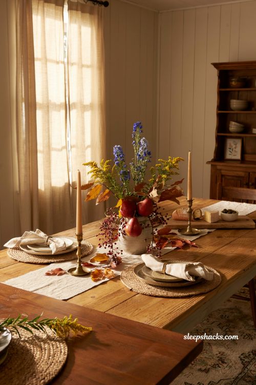 mixed real and faux fall flower centerpiece ideas with blue veronica and autumn table decor