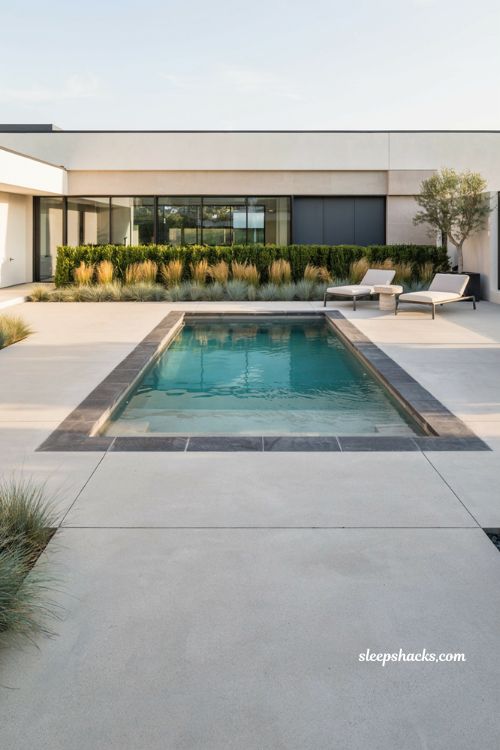 modern small natural pool with turquoise water and dark charcoal coping design