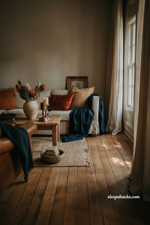 moody navy and rust fall living room decor with copper accents and cozy textures