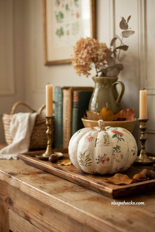 napkin decoupage pumpkin with botanical farmhouse fall decor ideas