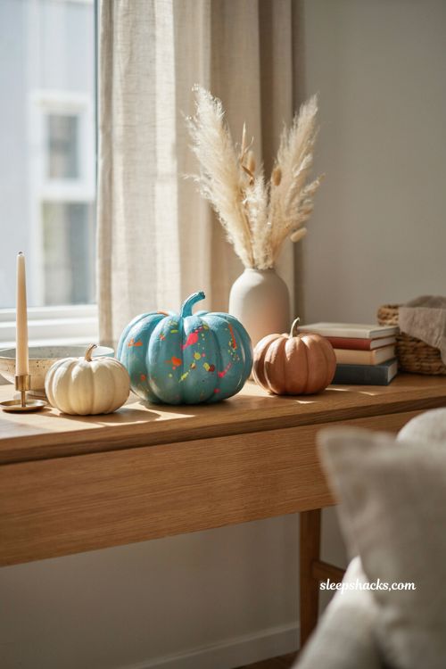 neon splatter painted pumpkin colorful diy fall decor idea