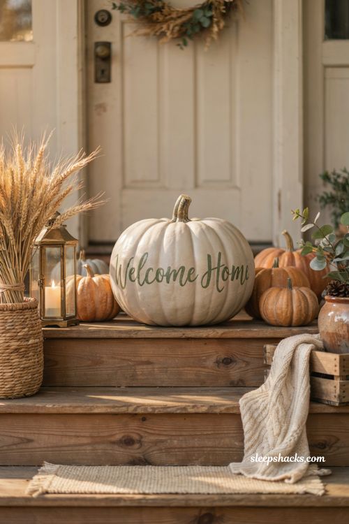 painted welcome lettering pumpkin for cozy farmhouse front porch decor