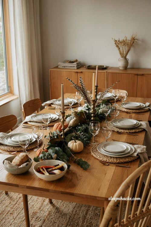 pheasant feathers with greenery pumpkins and brass accents Thanksgiving centerpiece