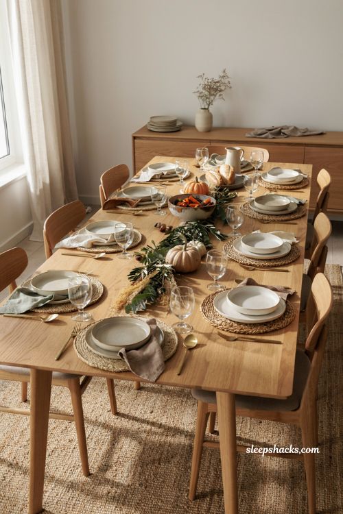 rattan chargers with white plates and linen napkins on a warm Thanksgiving table