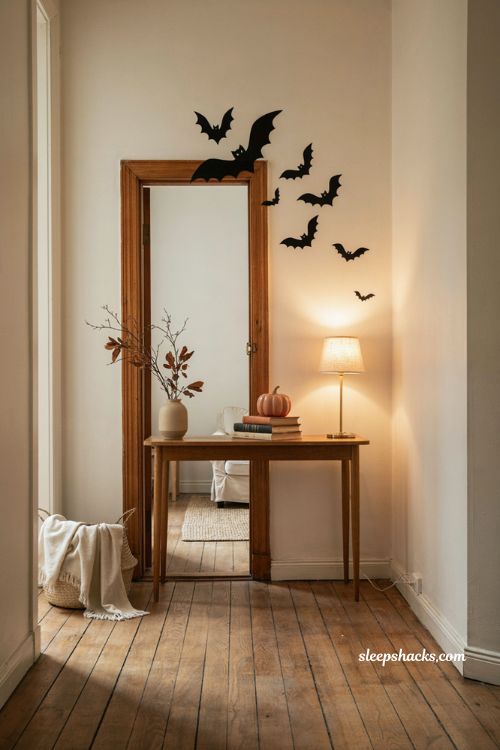 removable bat decals near the entryway for renter friendly halloween decor