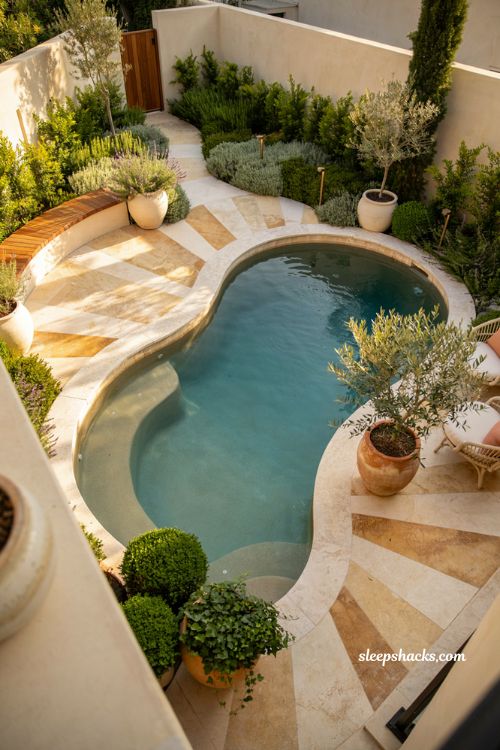 round plunge pool ideas for small backyard with curved landscaping and circular patio design