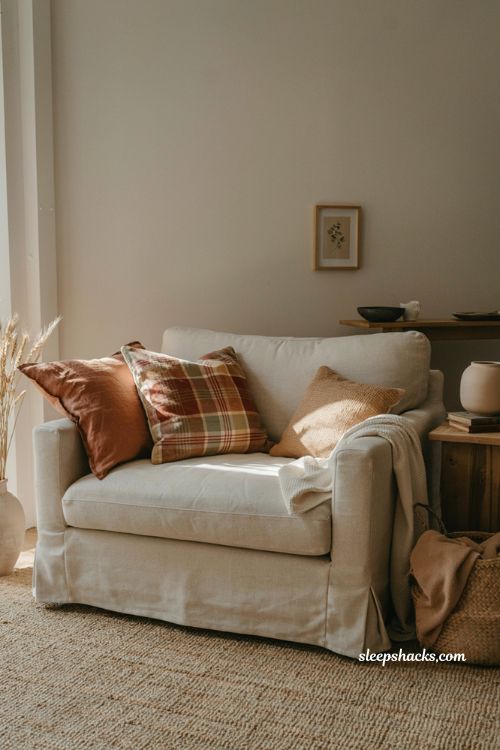 rust and gold throw pillows on a neutral sofa for cozy fall living room decor