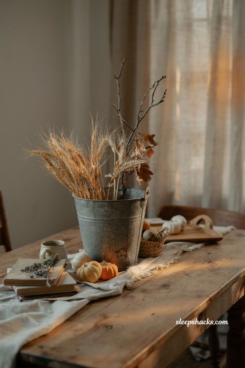 rustic aged galvanized bucket with wheat fall farmhouse centerpiece