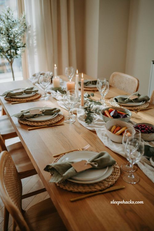 simple kraft cardstock name tags with moss green napkins Thanksgiving table setting