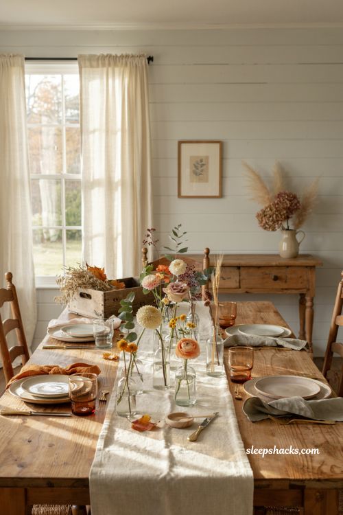 small bud vase fall centerpiece ideas for long farmhouse dining table decor