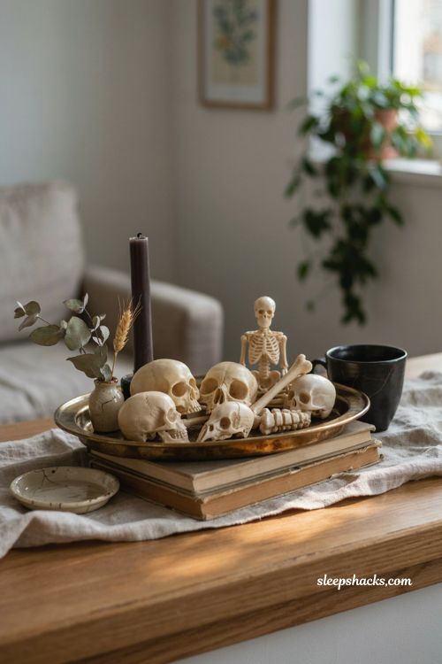 small curio display with skulls and bones for apartment halloween decor 