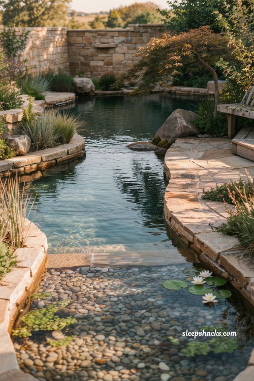 small natural pool with different depths shallow shelf and water garden design