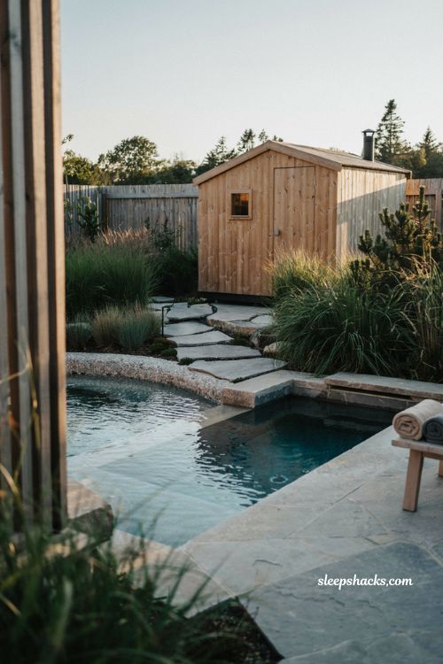 small natural pool with sauna wellness corner and backyard cold plunge retreat