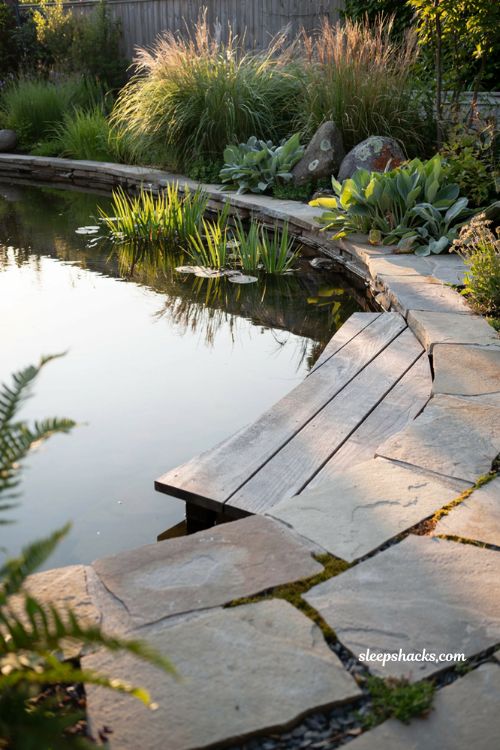 small natural pool with simple wood dock and rustic garden pond design