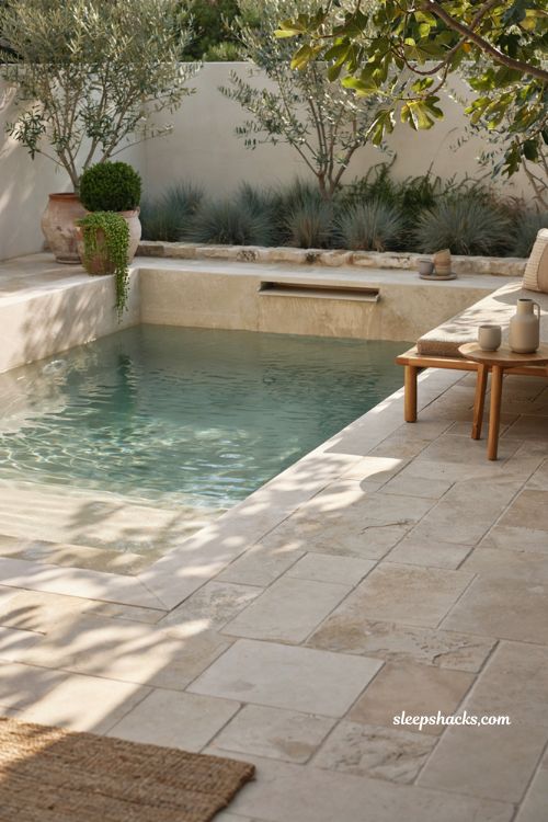 small plunge pool ideas with built in seating ledge and cozy backyard relaxation design