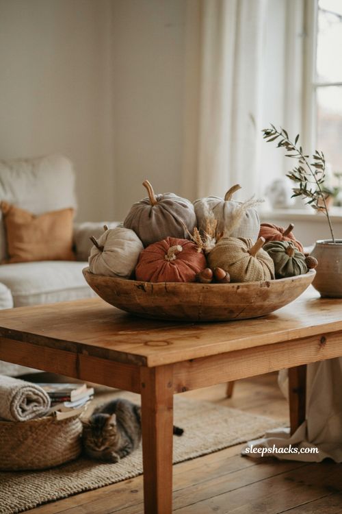 soft fabric pumpkins in a rustic wooden dough bowl for cozy fall living room decor