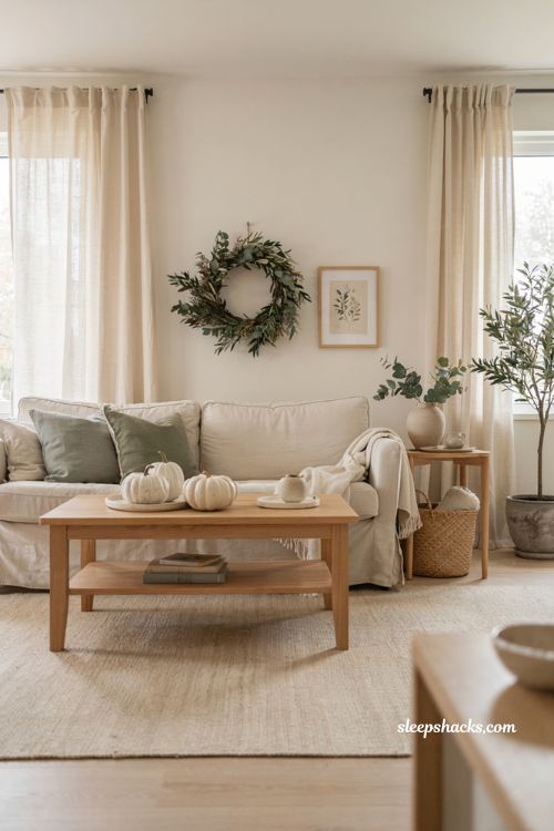 soft green and white fall living room decor with linen greenery and cozy neutral accents