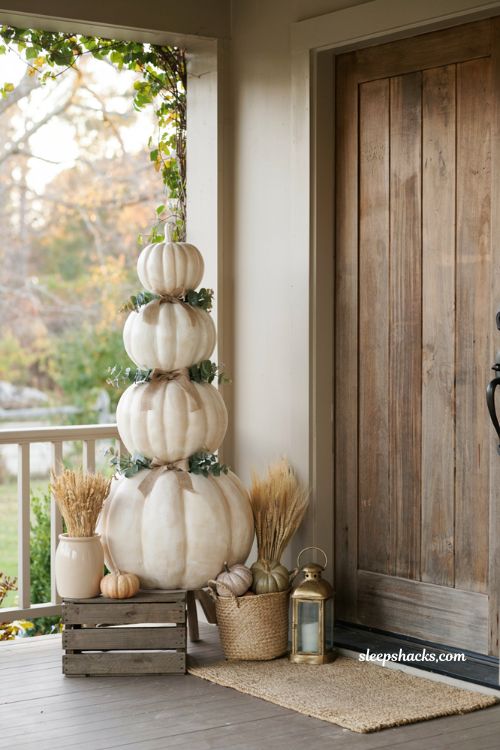 stacked dollar tree pumpkin topiary for elegant farmhouse fall porch decor