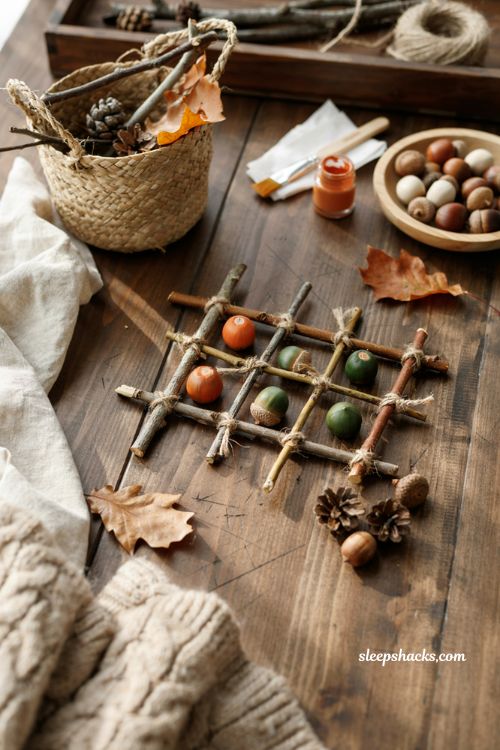 stick and acorn tic tac toe game for a cozy fall diy activity
