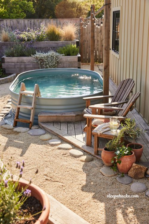 stock tank plunge pool ideas for small backyard with budget friendly deck and landscaping