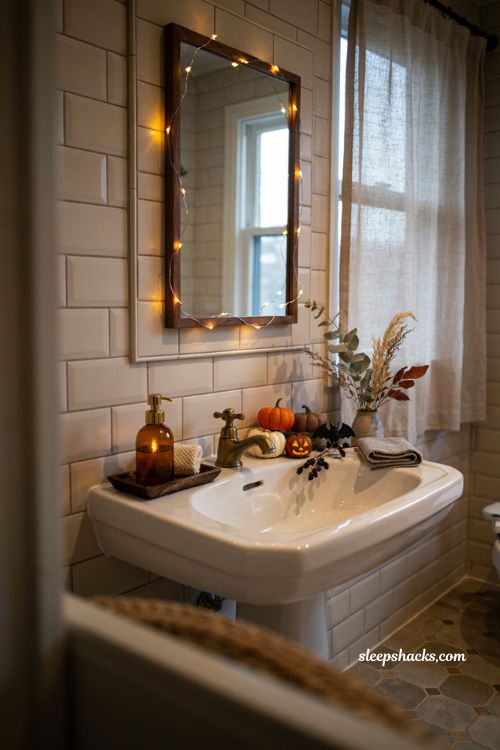string lights around the mirror for cozy halloween bathroom decor 