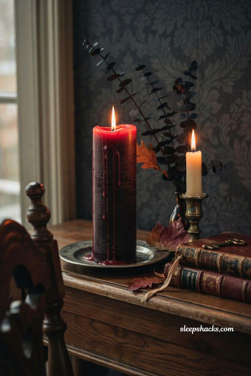 ```text Bleeding vampire tears Halloween candle with black pillar wax and dramatic red wax drips on an aged ceramic plate, gothic mantel decor, antique brass candlestick, worn hardcover books, dried dark botanicals, weathered walnut wood, warm amber candlelight, deep crimson accents, sophisticated adult Halloween atmosphere, dark romantic interior, theatrical gothic styling, photorealistic editorial interior photography, Pinterest-worthy ``` 
