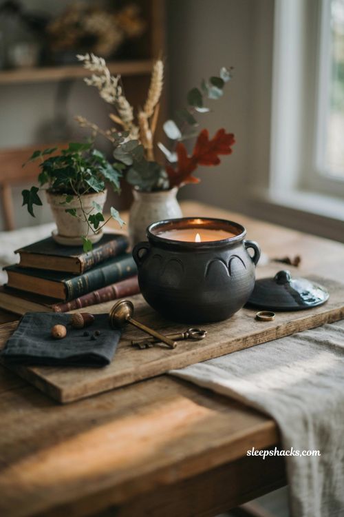 ```text Cauldron shaped ceramic Halloween candle on a cozy party table, handcrafted charcoal ceramic vessel, fitted lid resting nearby, dark worn books, small leafy potted plant, antique brass accents, dried autumn stems, weathered wood, natural linen runner, warm amber candlelight, soft late afternoon window light, elegant witchy Halloween decor, vintage cottage interior, cozy magical atmosphere, photorealistic editorial interior photography, Pinterest-worthy ``` 