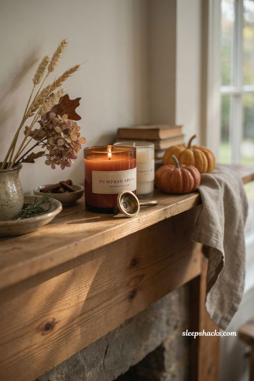 ```text Classic pumpkin spice jar candle on a cozy vintage mantel with warm orange and brown soy wax tones, smaller cream candle, miniature pumpkins, dried autumn stems, aged wood, antique brass accents, soft natural window light, warm amber candle glow, subtle Halloween decor, nostalgic cottage interior, cozy autumn atmosphere, photorealistic editorial interior photography, Pinterest-worthy ``` 
