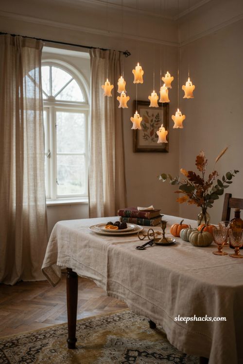```text Floating ghost candles suspended at varied heights above a cozy Halloween dessert table, small flameless ghost shaped candles with gentle flickering light, nearly invisible hanging wires, warm ivory glow, vintage wooden table, simple ceramic plates, linen tablecloth, miniature pumpkins, dried autumn branches, antique brass accents, soft dusk lighting, whimsical Victorian Halloween decor, magical cottage interior, nostalgic cozy atmosphere, photorealistic editorial interior photography, Pinterest-worthy ```