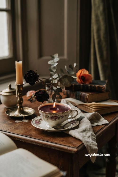 ```text Gothic ceramic tea cup candle on a matching vintage saucer with small antique spoon, dark academia reading room, worn leather bound books, antique brass candlestick, dried dark botanicals, aged wooden side table, linen tea cloth, deep charcoal and aged cream palette, soft overcast window light, warm amber candle glow, Victorian gothic Halloween decor, literary autumn atmosphere, elegant afternoon tea aesthetic, nostalgic moody interior, photorealistic editorial interior photography, Pinterest-worthy ``` 