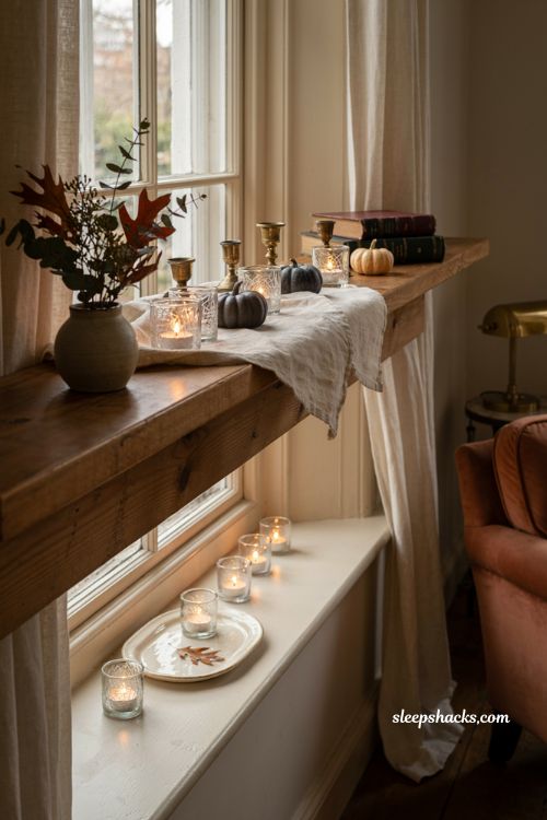 ```text Spider web tea light candles glowing along a vintage wooden mantel and windowsill, six to eight small glass holders at varying heights, delicate spider web details, flickering battery operated candlelight, miniature pumpkins, dried autumn foliage, old hardcover books, antique brass holders, ceramic tray, natural linen, warm ivory and charcoal palette, cozy cottage Halloween decor, subtle gothic atmosphere, nostalgic autumn styling, photorealistic editorial interior photography, Pinterest-worthy ``` 