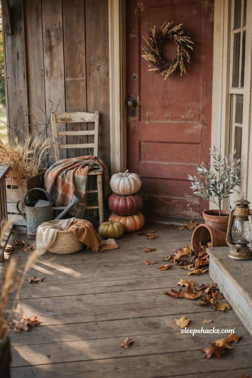 Vintage fall porch decor with pumpkins thrifted finds and cozy autumn farmhouse charm 